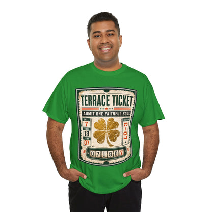 Green T-shirt with framed 'Terrace Ticket' graphic and golden clover front