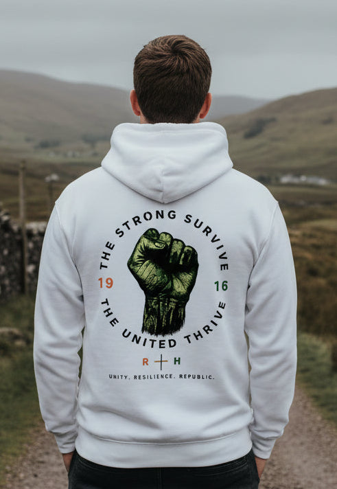 White unisex hoodie with back graphic print, hood, drawstrings, and front pouch pocket