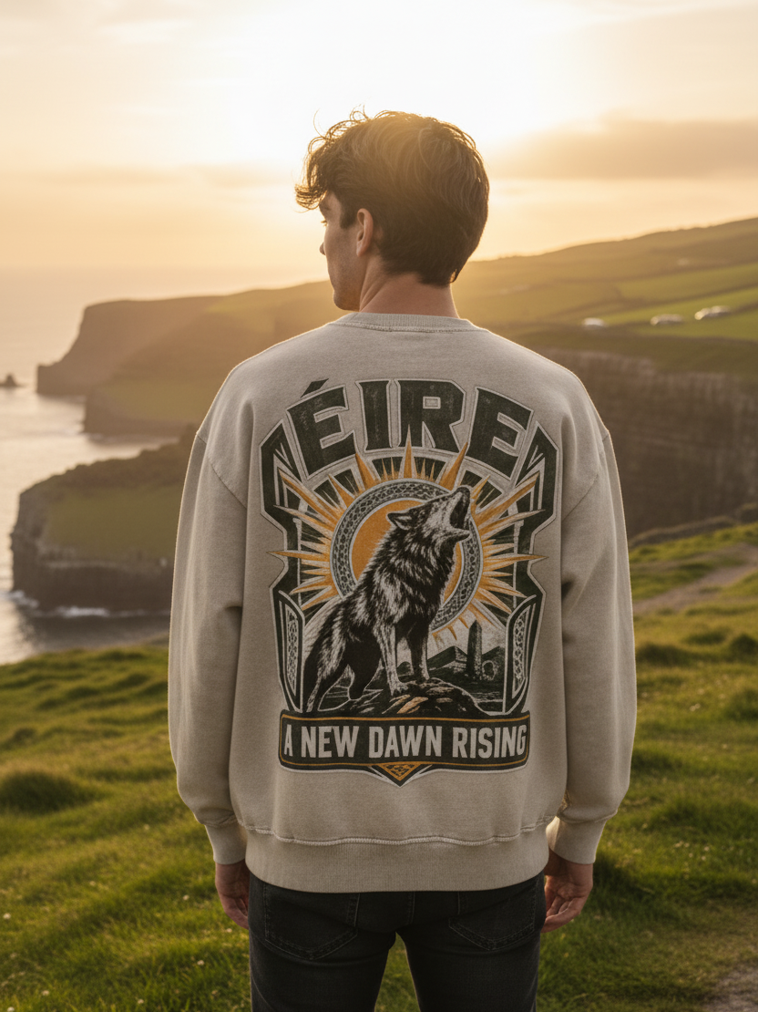Oversized snow-washed sweatshirt, light gray, back print with wolf emblem and text