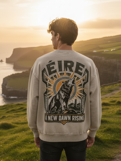 Oversized snow-washed sweatshirt, light gray, back print with wolf emblem and text
