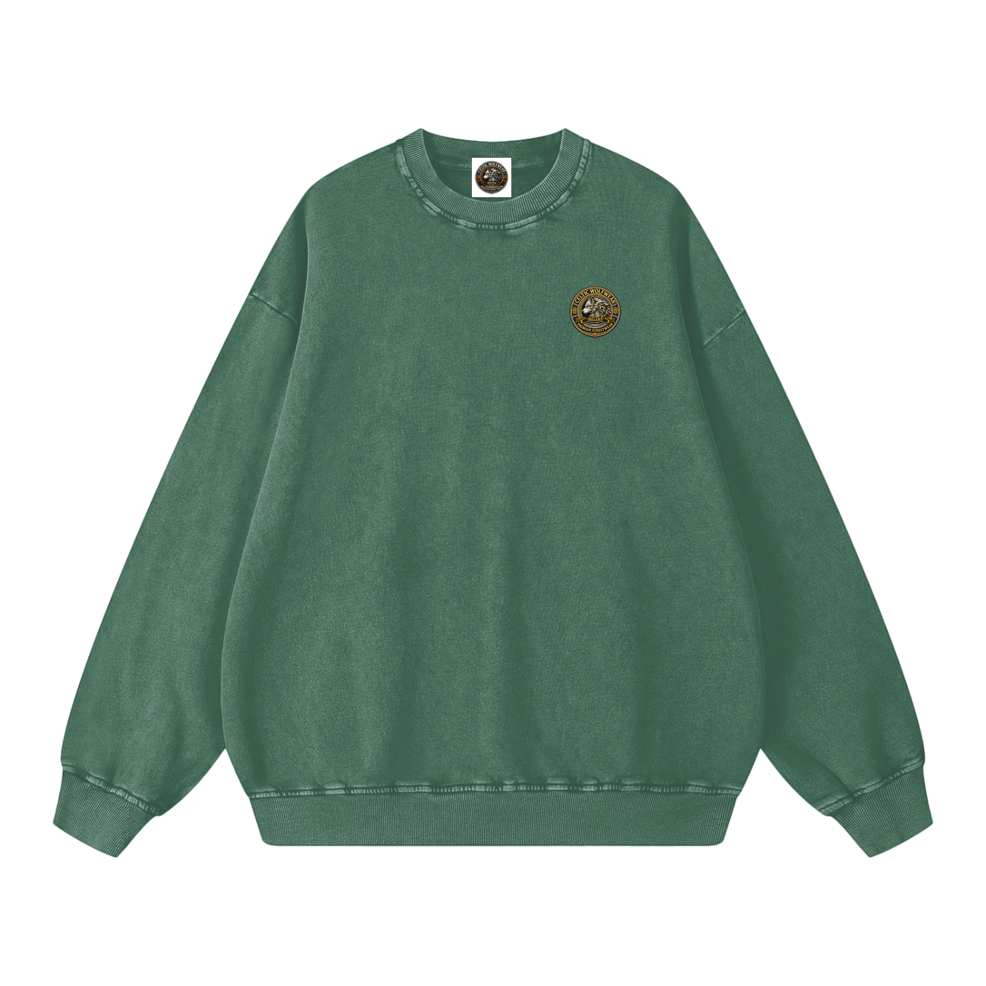 Oversized snow-washed sweatshirt, dark green, small chest patch detail
