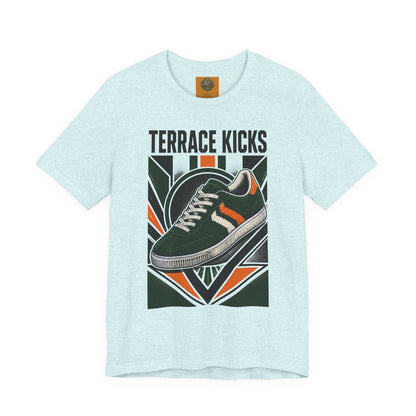 Light blue graphic sneaker tee with “Terrace Kicks” and front shoe artwork