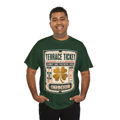 Forest green T-shirt with centered ticket graphic and gold four-leaf clover