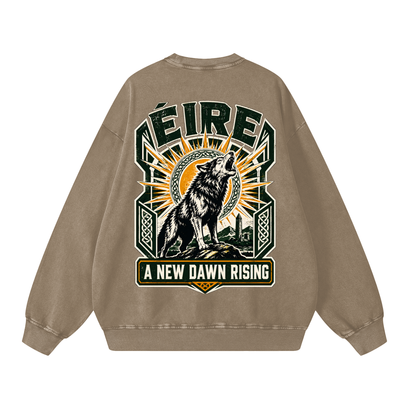 Oversized snow-washed sweatshirt, stone gray, large back wolf graphic with A NEW DAWN RISING
