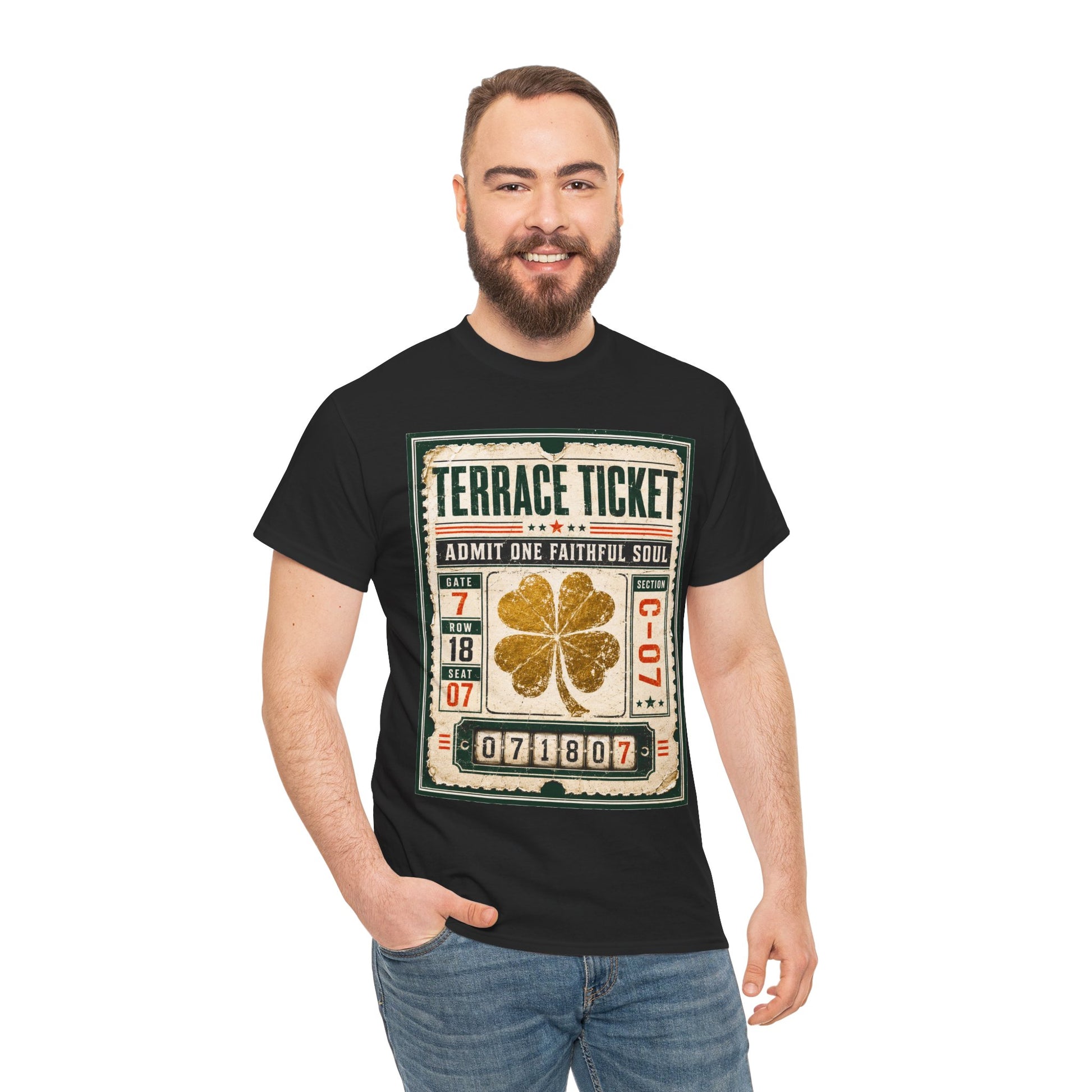 Black T-shirt with front ticket graphic featuring gold clover and barcode numbers
