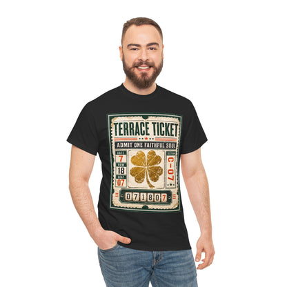 Black T-shirt with front ticket graphic featuring gold clover and barcode numbers