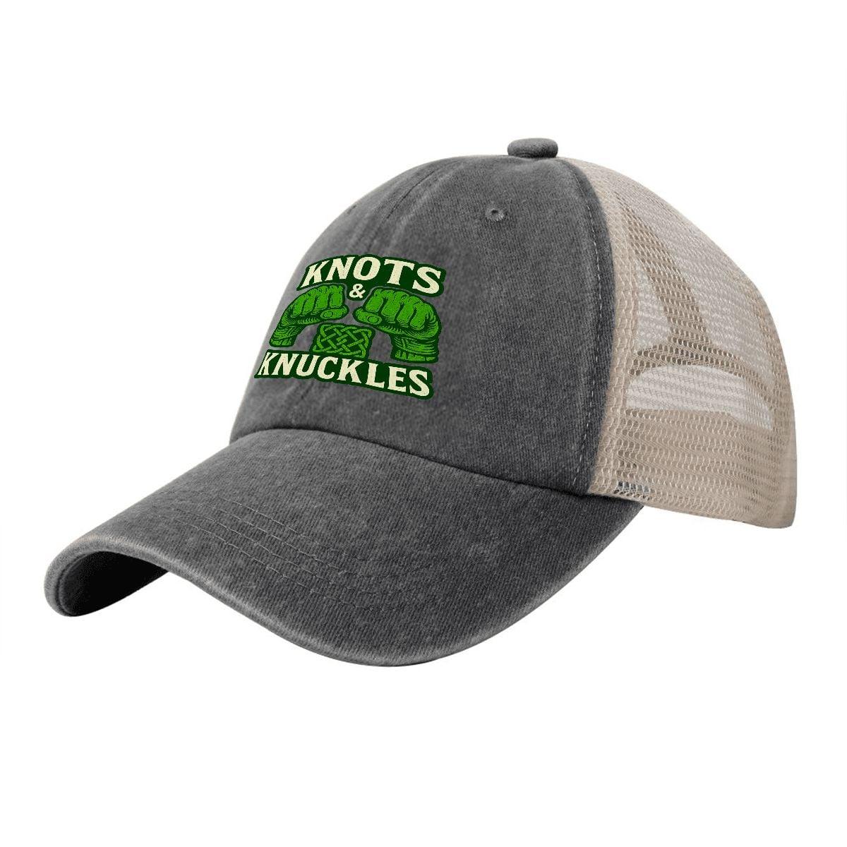 Washed denim baseball cap in dark gray and light beige mesh with green “KNUTS & KNUCKLES”