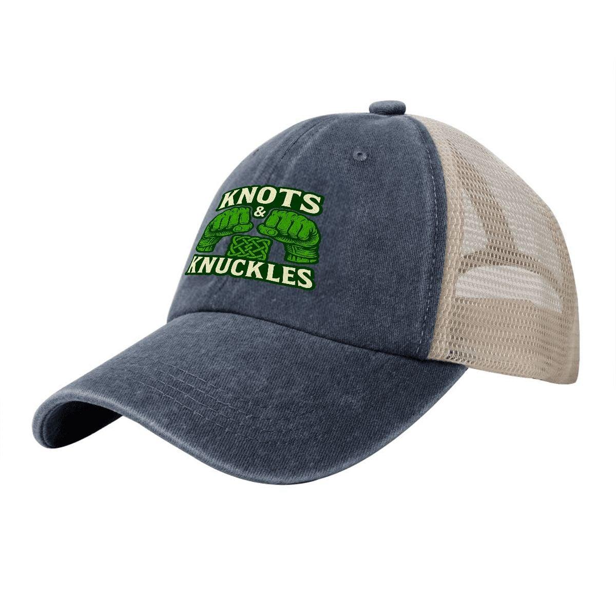 Washed denim baseball cap with dark blue front, beige mesh back, and green 'Knuts & Knuckles' logo