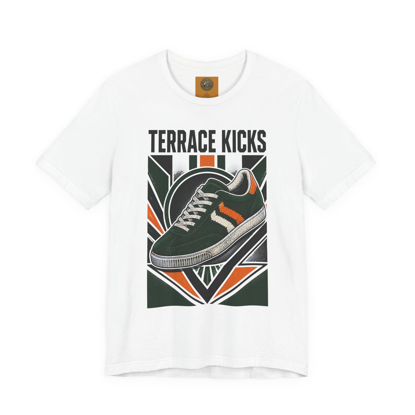 White graphic sneaker tee with “Terrace Kicks” and front shoe artwork