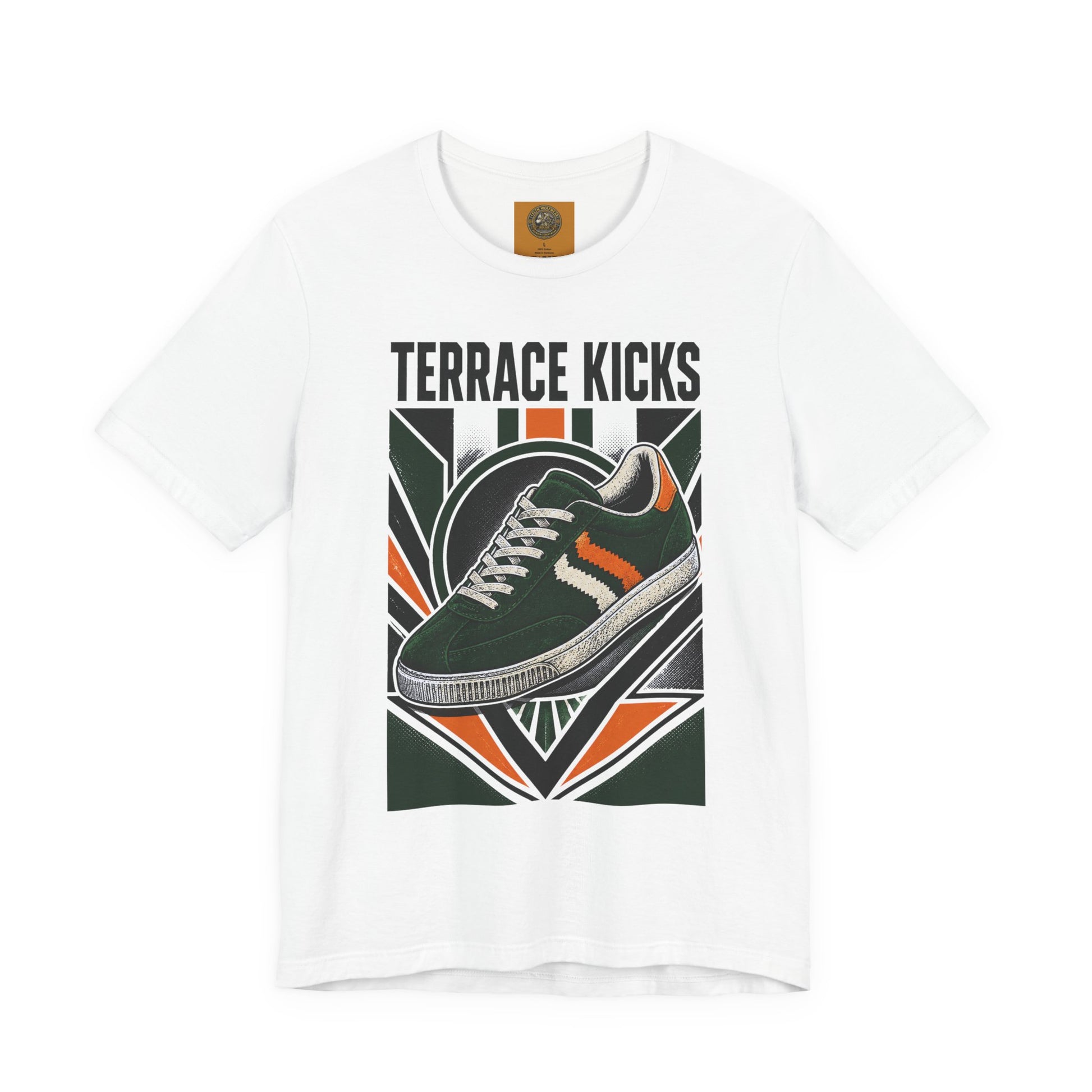 White graphic sneaker tee with “Terrace Kicks” and front shoe artwork
