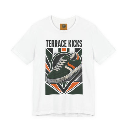 White graphic sneaker tee with “Terrace Kicks” and front shoe artwork