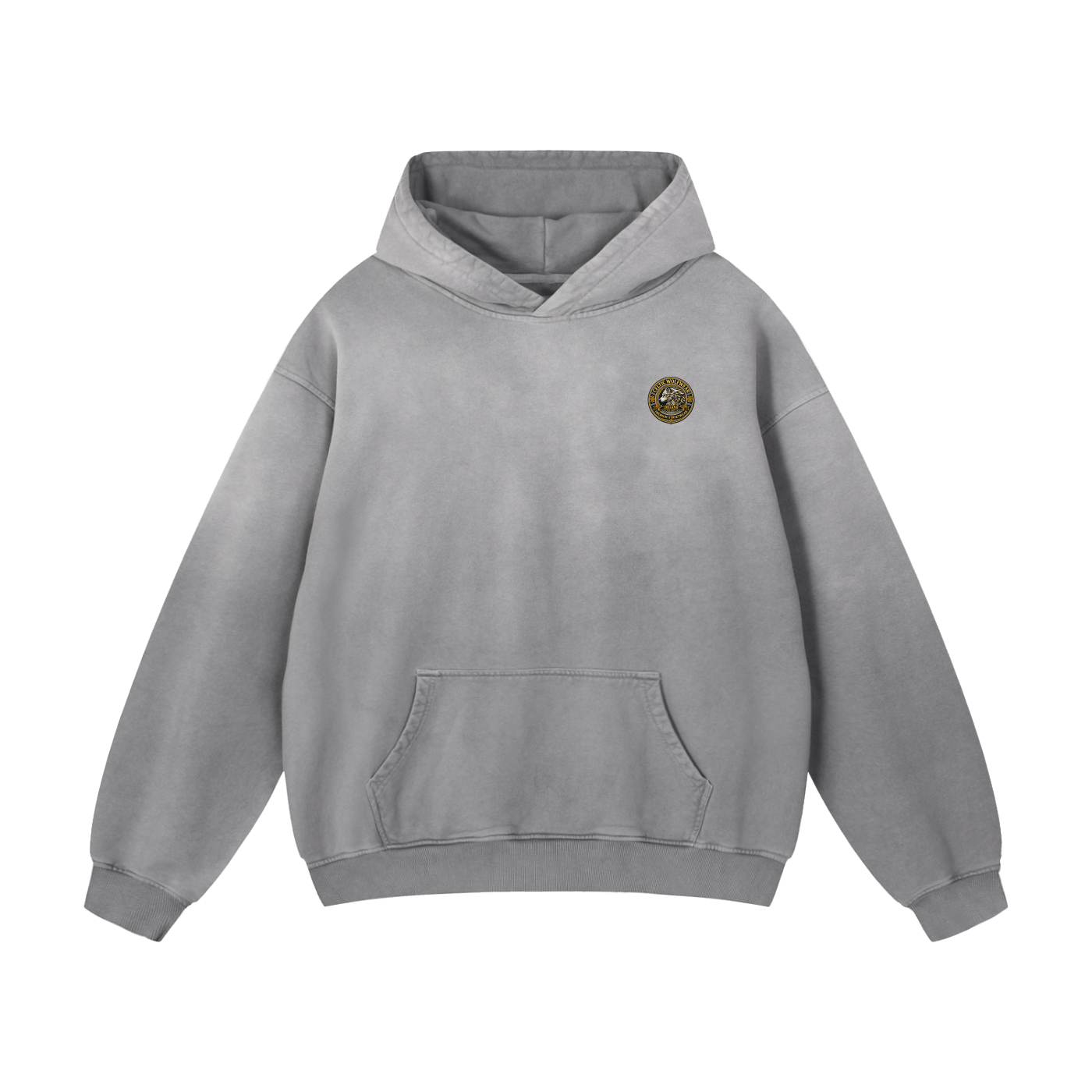 Light gray oversized hoodie with hood, front pouch pocket, and small chest logo patch