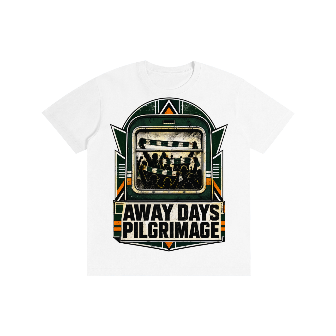 White unisex pure-cotton T-shirt with front “Away Days Pilgrimage” graphic