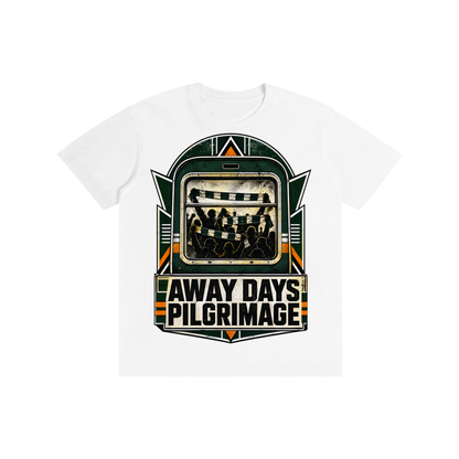 White unisex pure-cotton T-shirt with front “Away Days Pilgrimage” graphic