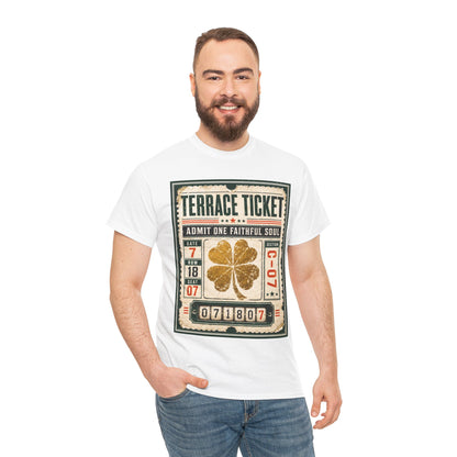 Men's white graphic T-shirt with vintage ticket design and gold four-leaf clover on front.