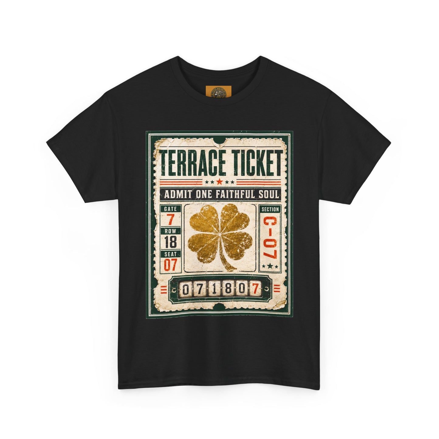 Black graphic T-shirt with vintage ticket poster print and gold four-leaf clover centered.
