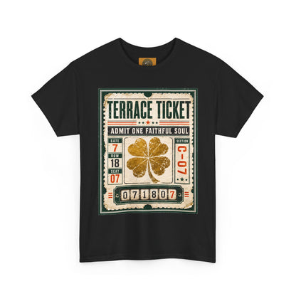 Black graphic T-shirt with vintage ticket poster print and gold four-leaf clover centered.