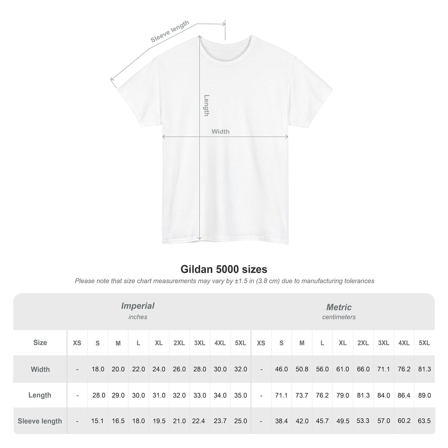 T-shirt size chart with width and length measurements in inches and centimeters.