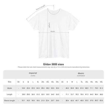 T-shirt size chart with width and length measurements in inches and centimeters.