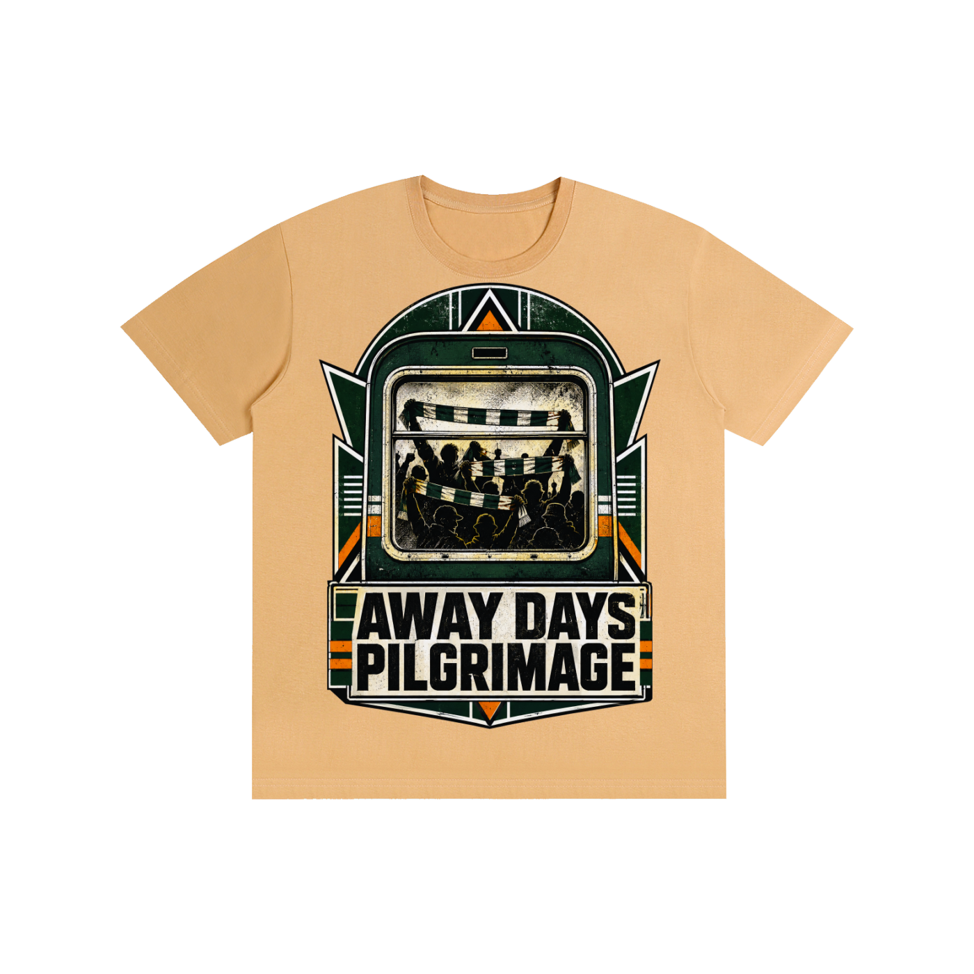 Caramel unisex pure-cotton T-shirt with front “Away Days Pilgrimage” graphic