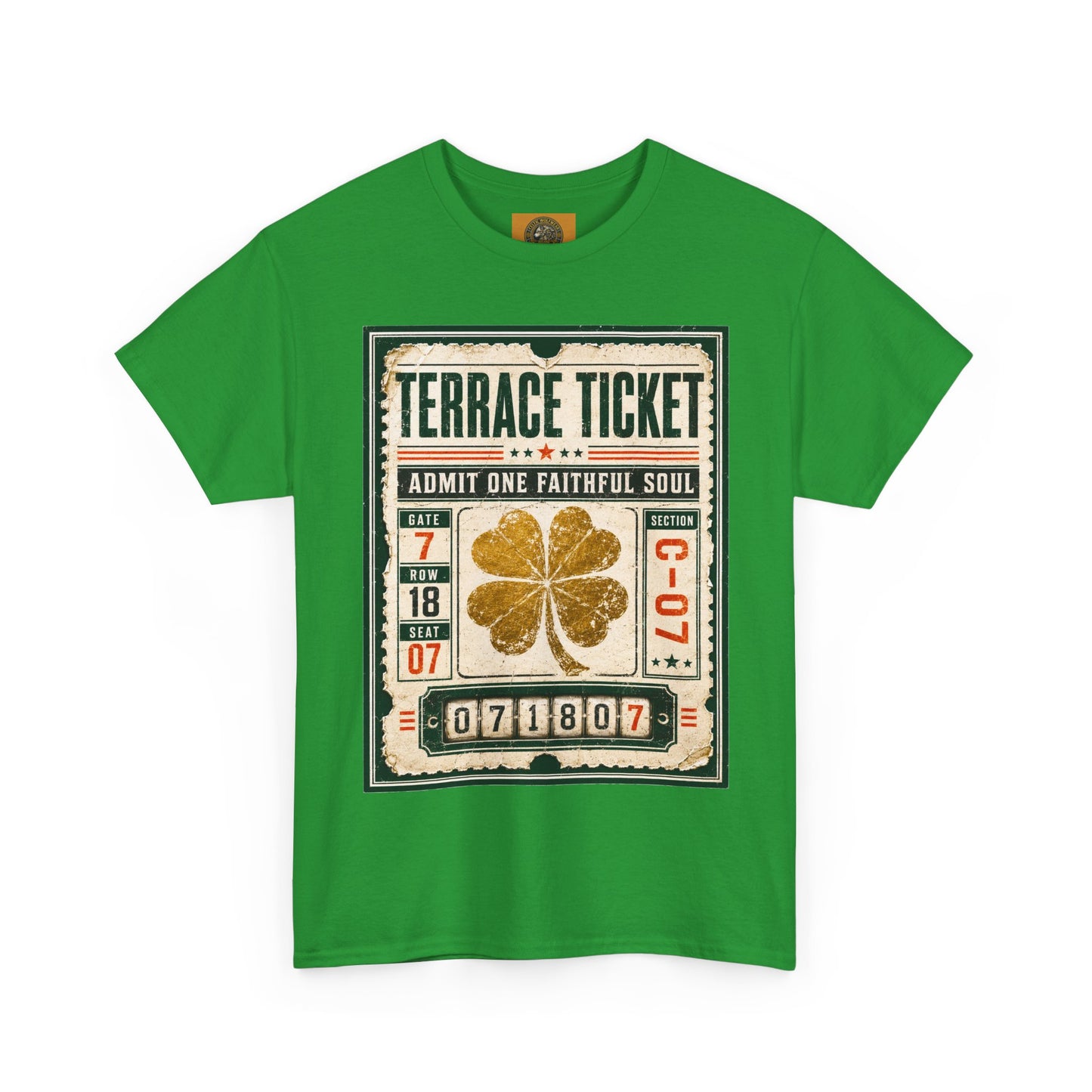 Green graphic T-shirt with vintage ticket artwork and gold four-leaf clover centered on chest.