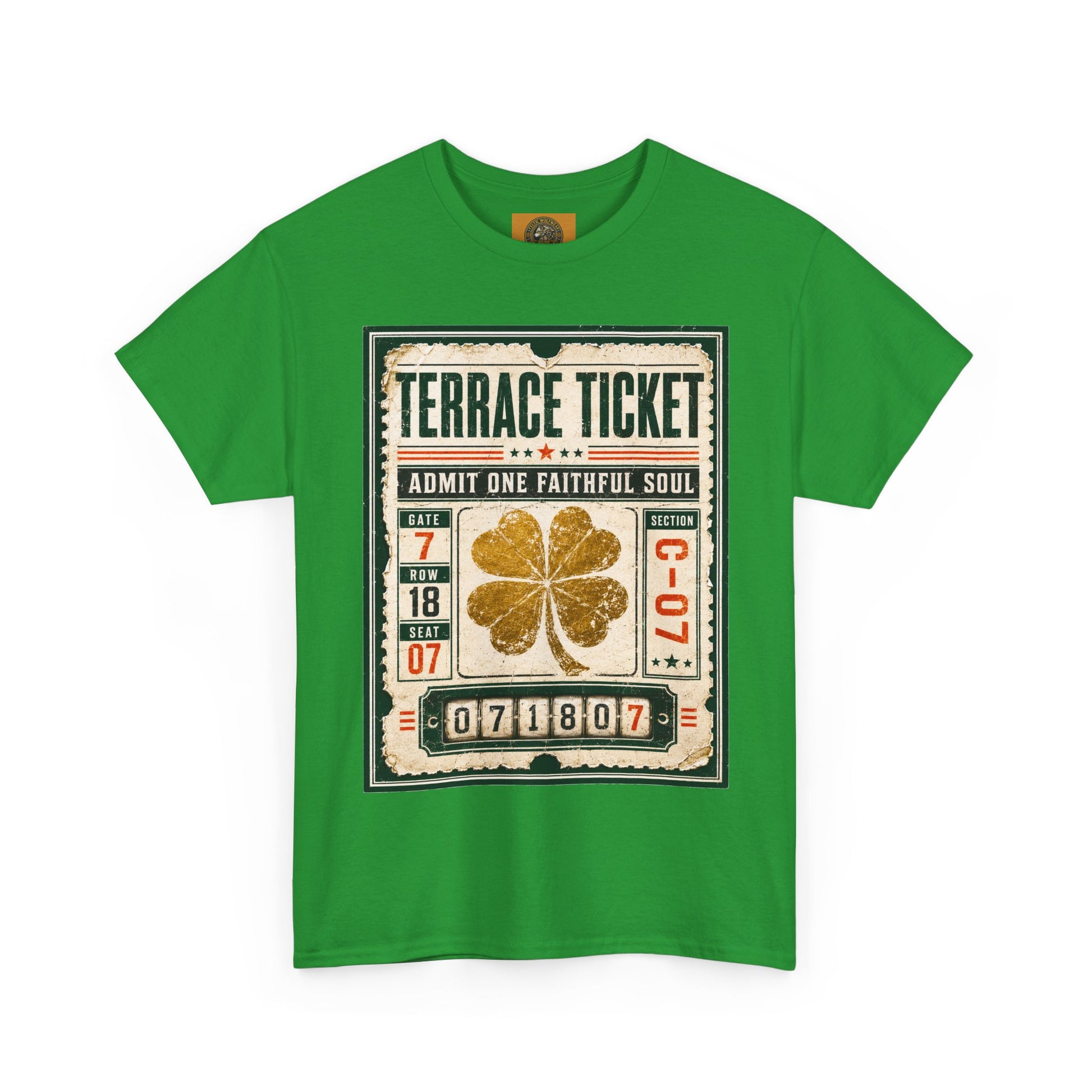Green graphic T-shirt with vintage ticket artwork and gold four-leaf clover centered on chest.