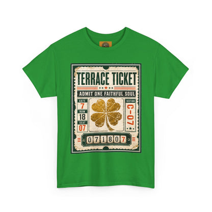 Green graphic T-shirt with vintage ticket artwork and gold four-leaf clover centered on chest.