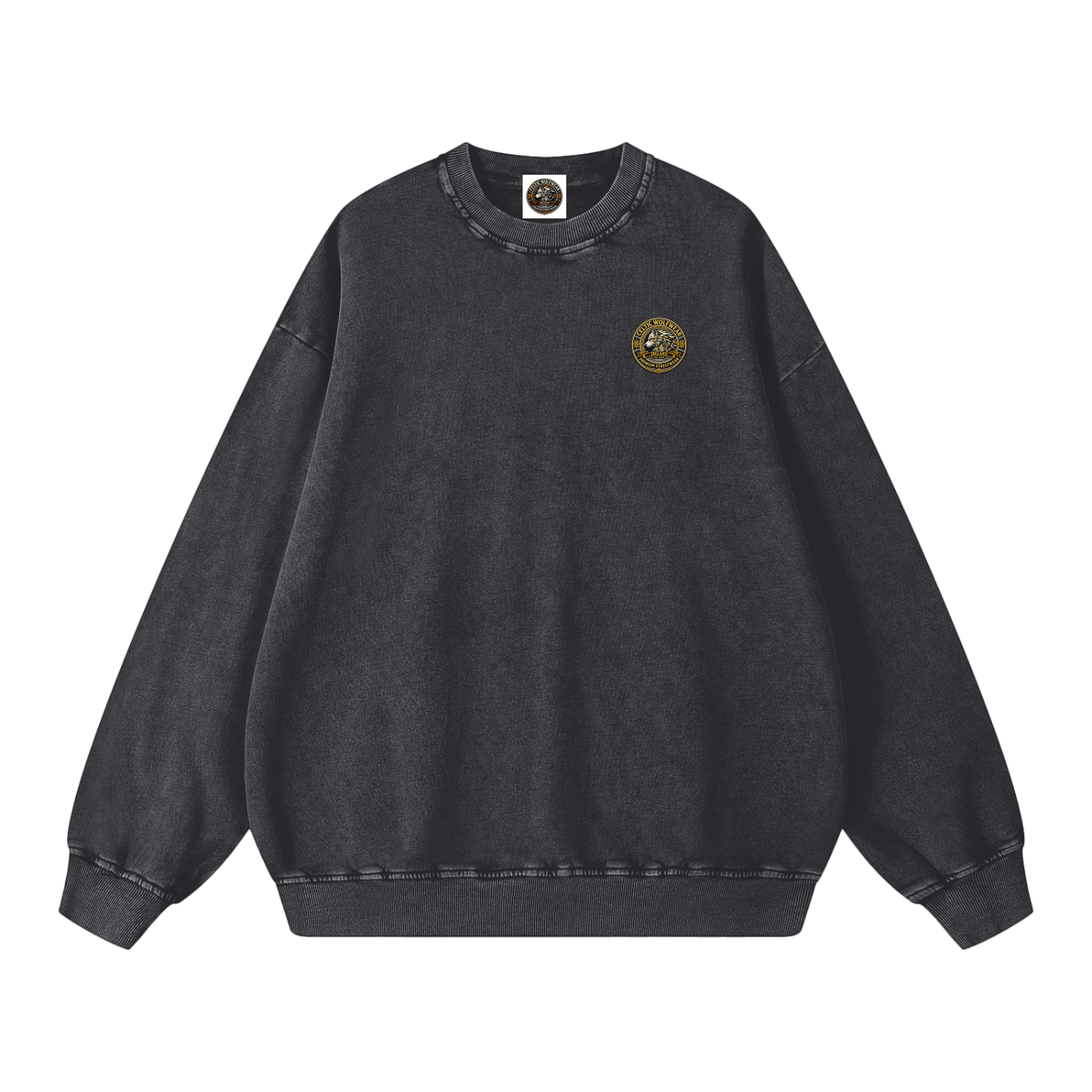 Oversized snow-washed sweatshirt, dark gray, small chest patch detail