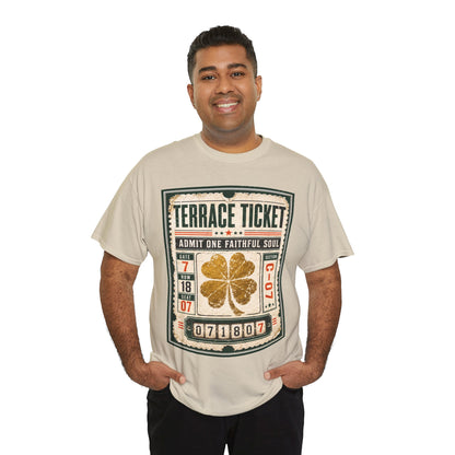 Sand T-shirt with centered ticket graphic and gold four-leaf clover