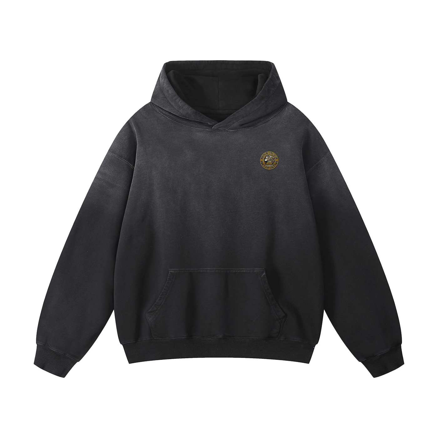 Charcoal dark oversized hoodie with hood, front pouch pocket, and small chest logo patch