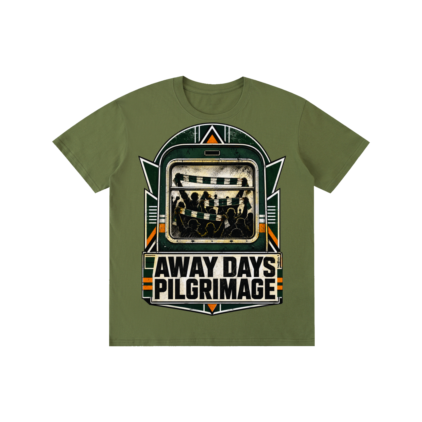 Army green unisex pure-cotton T-shirt with front “Away Days Pilgrimage” graphic