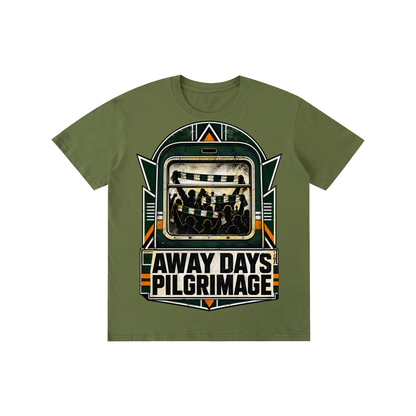 Army green unisex pure-cotton T-shirt with front “Away Days Pilgrimage” graphic
