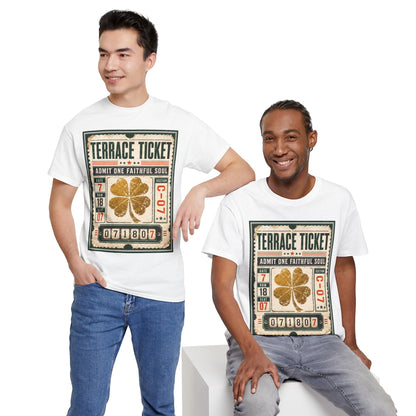 White T-shirt with large square ticket graphic and gold four-leaf clover