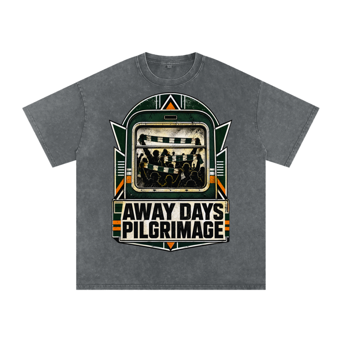 Oversized cotton T-shirt in charcoal gray with large front green and black event graphic