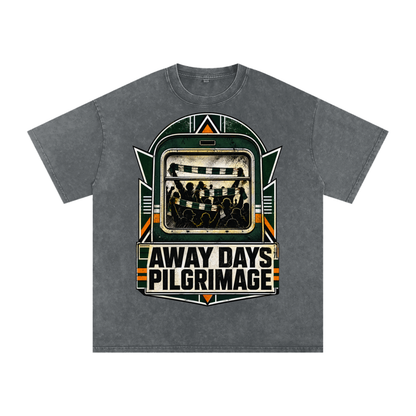 Oversized cotton T-shirt in charcoal gray with large front green and black event graphic