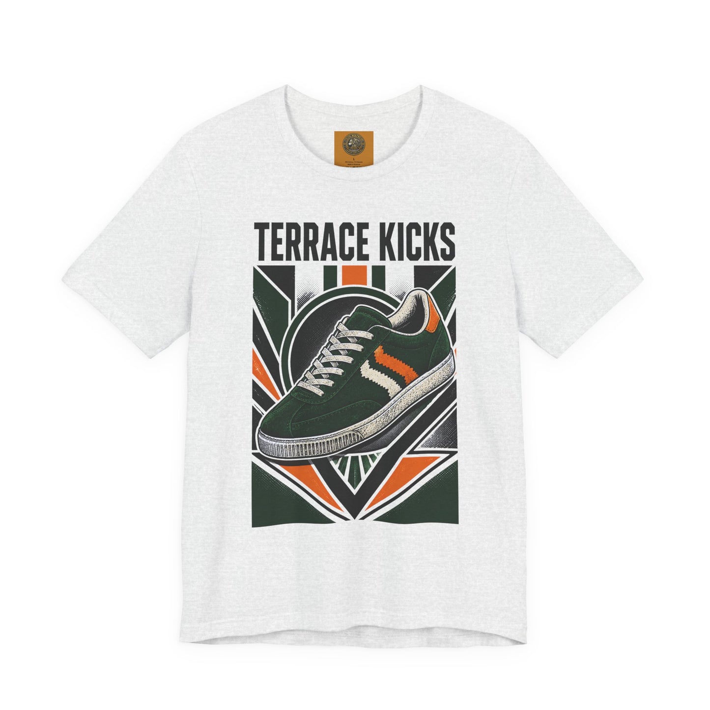 Heather gray graphic sneaker tee with “Terrace Kicks” and front shoe artwork