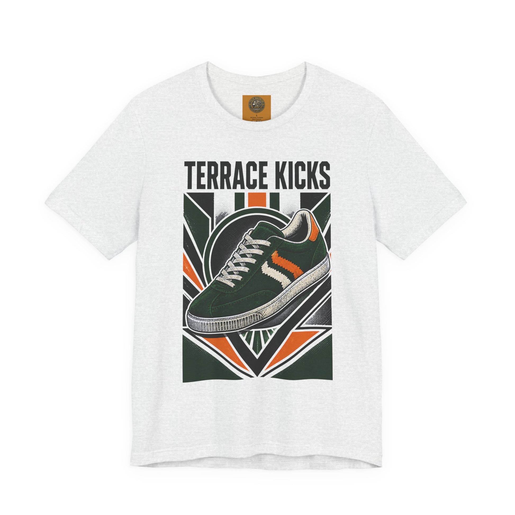 Heather gray graphic sneaker tee with “Terrace Kicks” and front shoe artwork