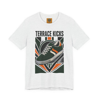 Heather gray graphic sneaker tee with “Terrace Kicks” and front shoe artwork