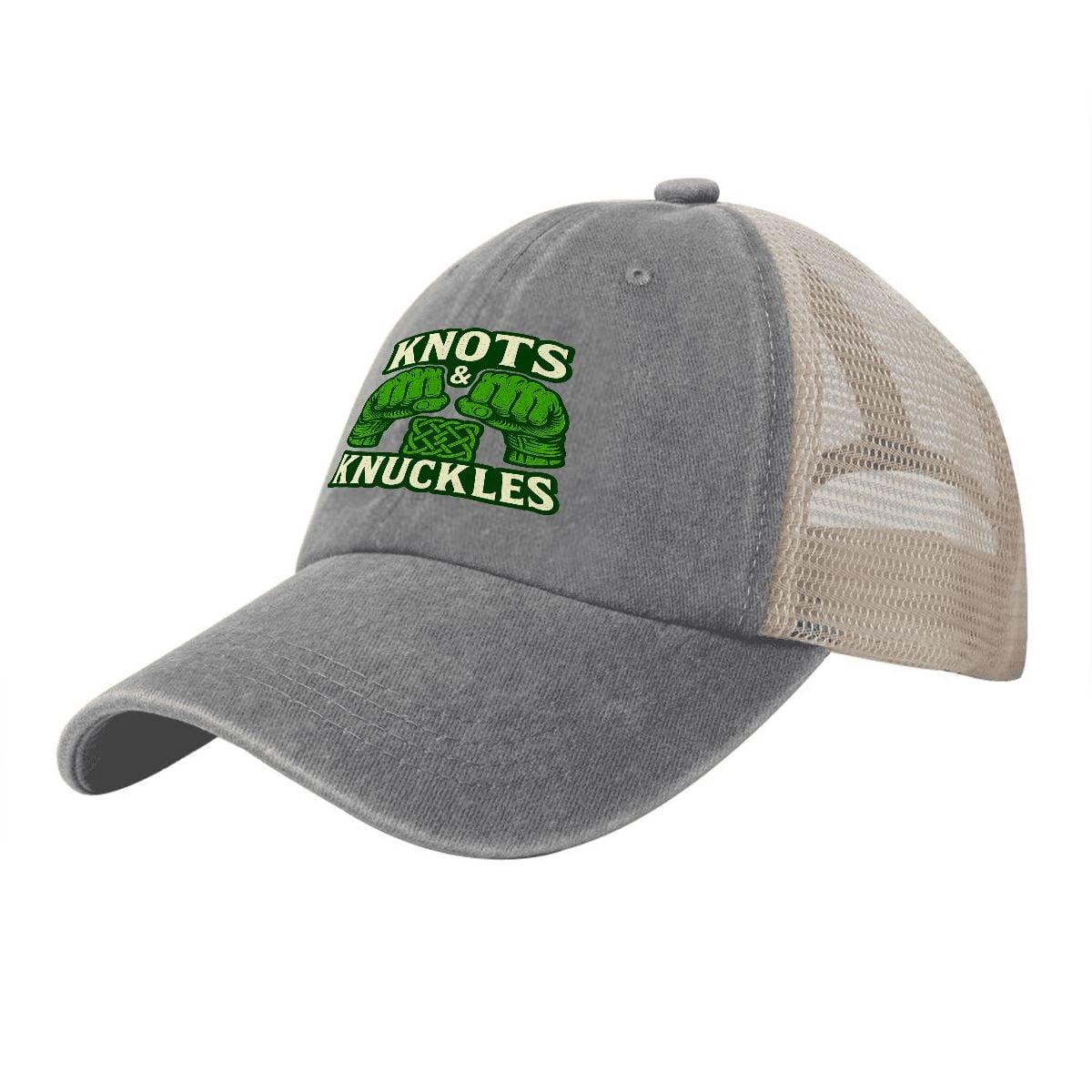 Washed denim baseball cap with gray front, beige mesh back, and green 'Knuts & Knuckles' logo