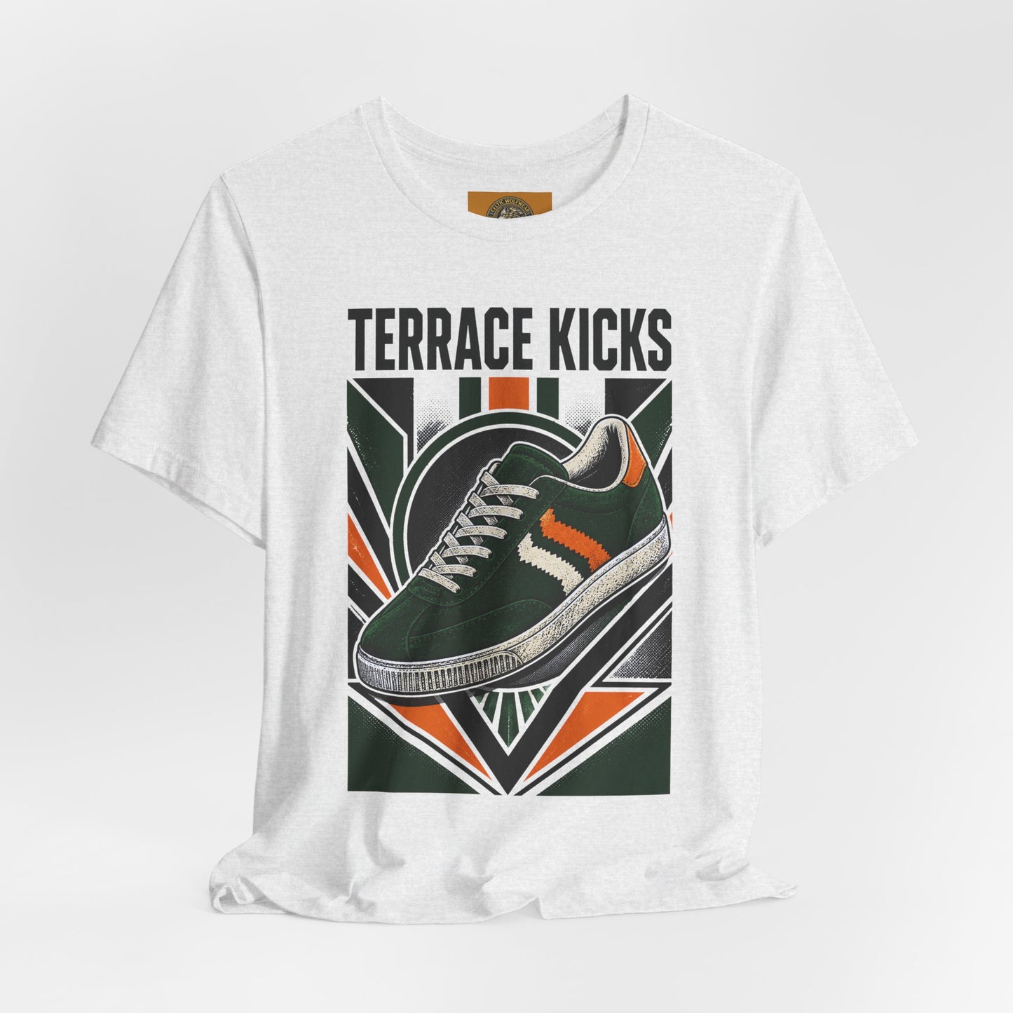 White graphic sneaker tee with “Terrace Kicks” and front shoe artwork