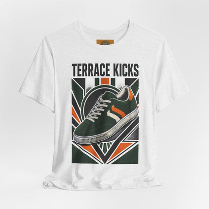 White graphic sneaker tee with “Terrace Kicks” and front shoe artwork