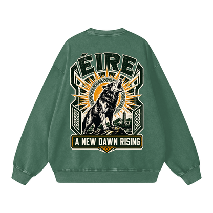 Oversized snow-washed sweatshirt, dark green, large back wolf graphic with NEIRE text