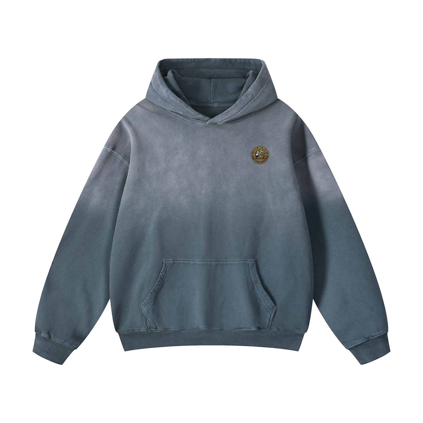 Slate blue oversized hoodie with hood, front pouch pocket, and small chest logo patch