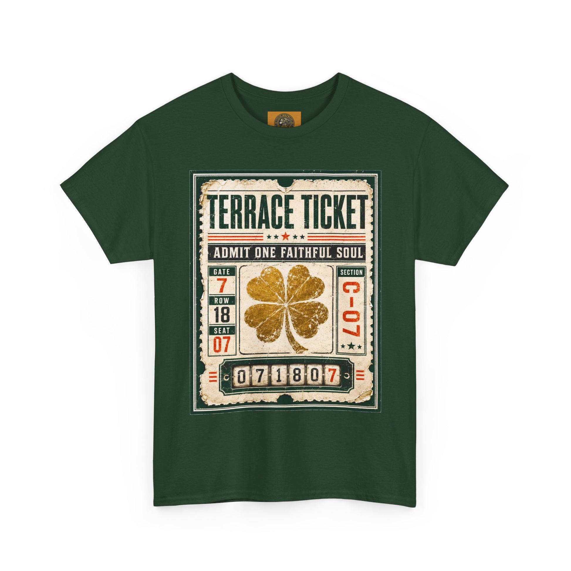 Forest green graphic T-shirt with a vintage ticket graphic and gold four-leaf clover at center.