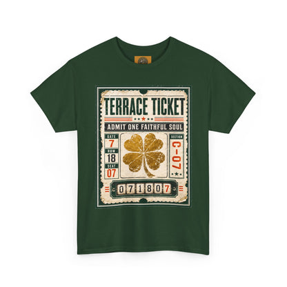 Forest green graphic T-shirt with a vintage ticket graphic and gold four-leaf clover at center.