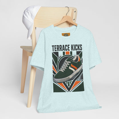 Light blue graphic tee with vintage sneaker print, crew neck