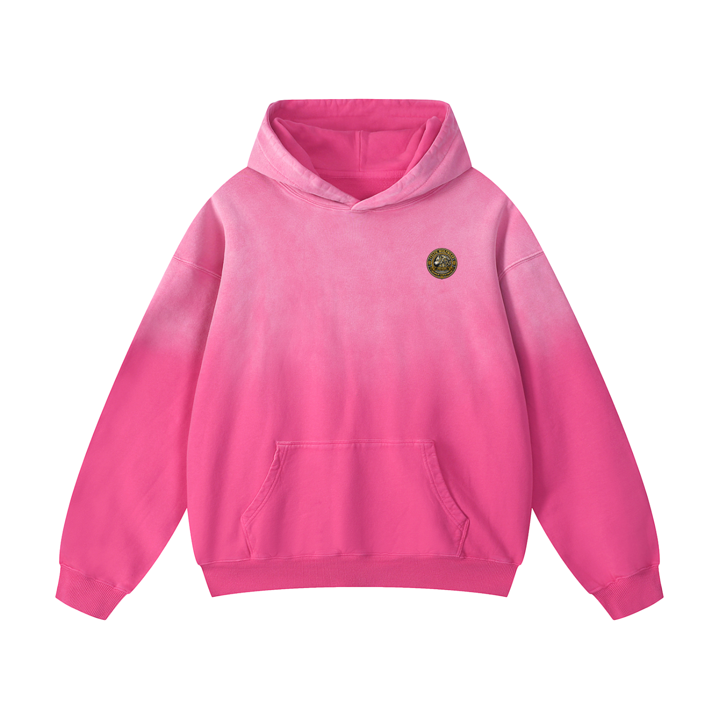 Pink oversized hoodie with hood, front pouch pocket, and small chest logo patch
