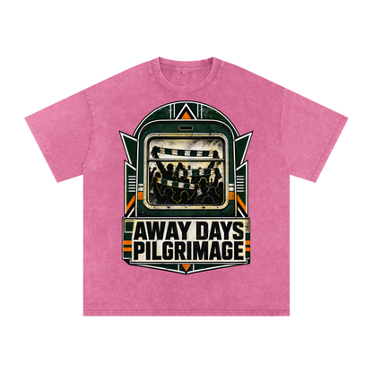 Oversized cotton T-shirt in rose pink with large front event graphic in green and black