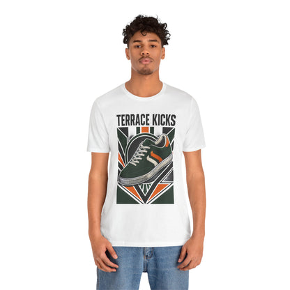 White graphic sneaker tee with “Terrace Kicks” front shoe artwork on a model