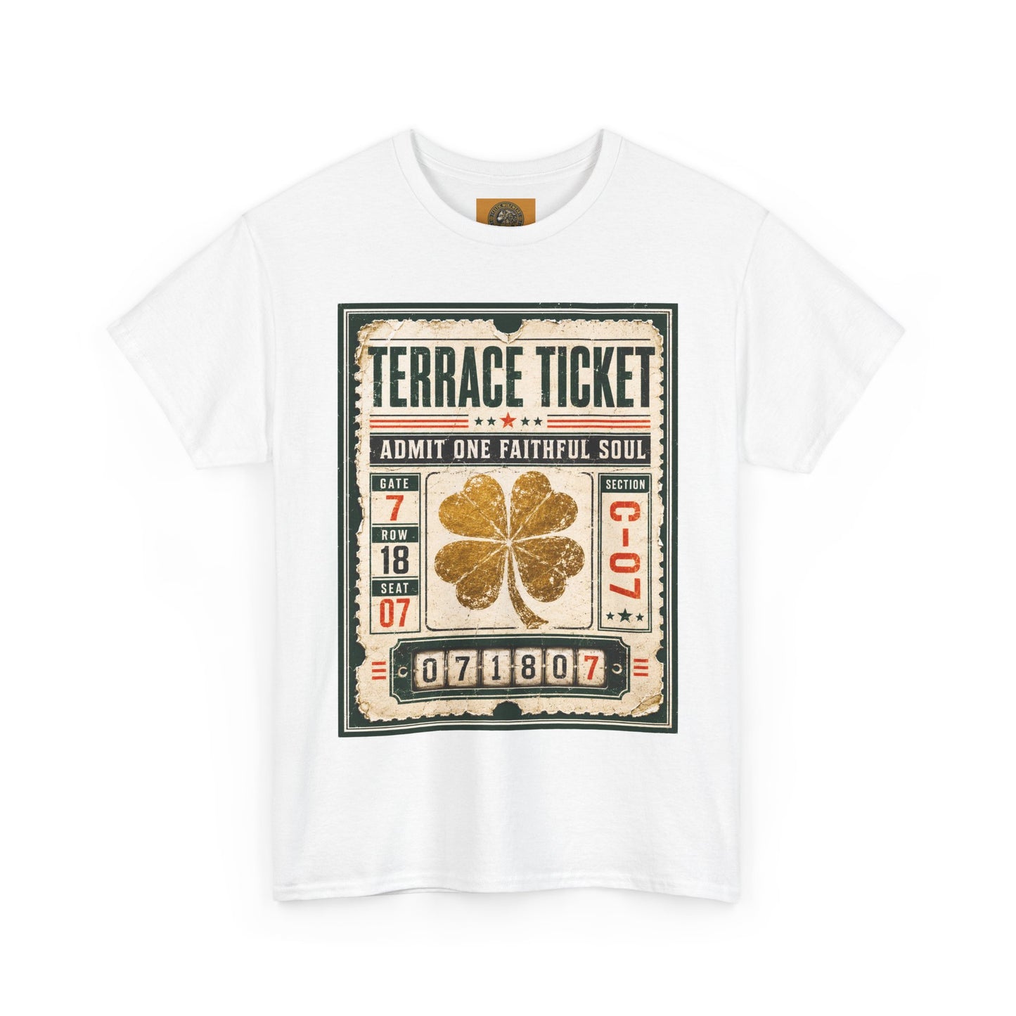 White graphic T-shirt with vintage ticket poster print and gold four-leaf clover in the middle.
